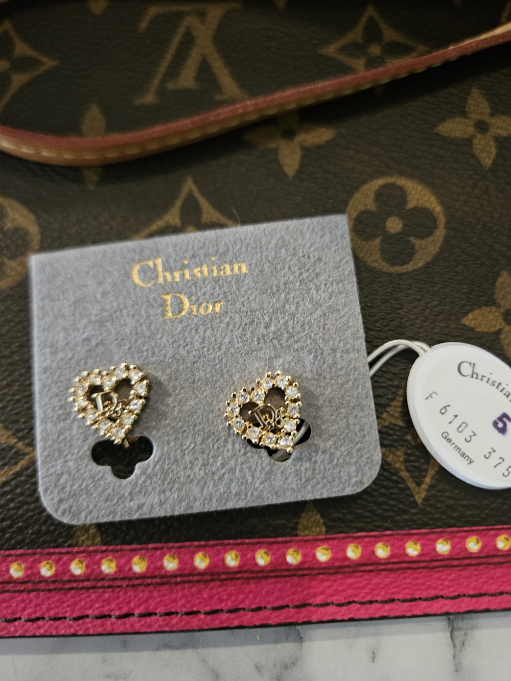 Dior Gold Heart Crystal Logo Clip on Earrings